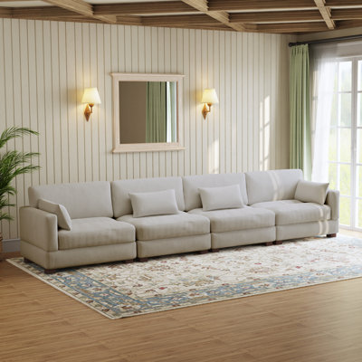 Maelina 4 - Piece Upholstered Sea Salt Grey Corduroy Modular Sectional Sofa with Pillow Back and Solid Wood Legs