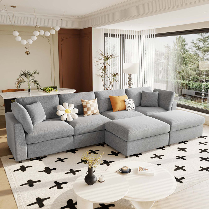 Canapé modulaire en chenille avec repose-pieds mobile Chenille, Gris chenille