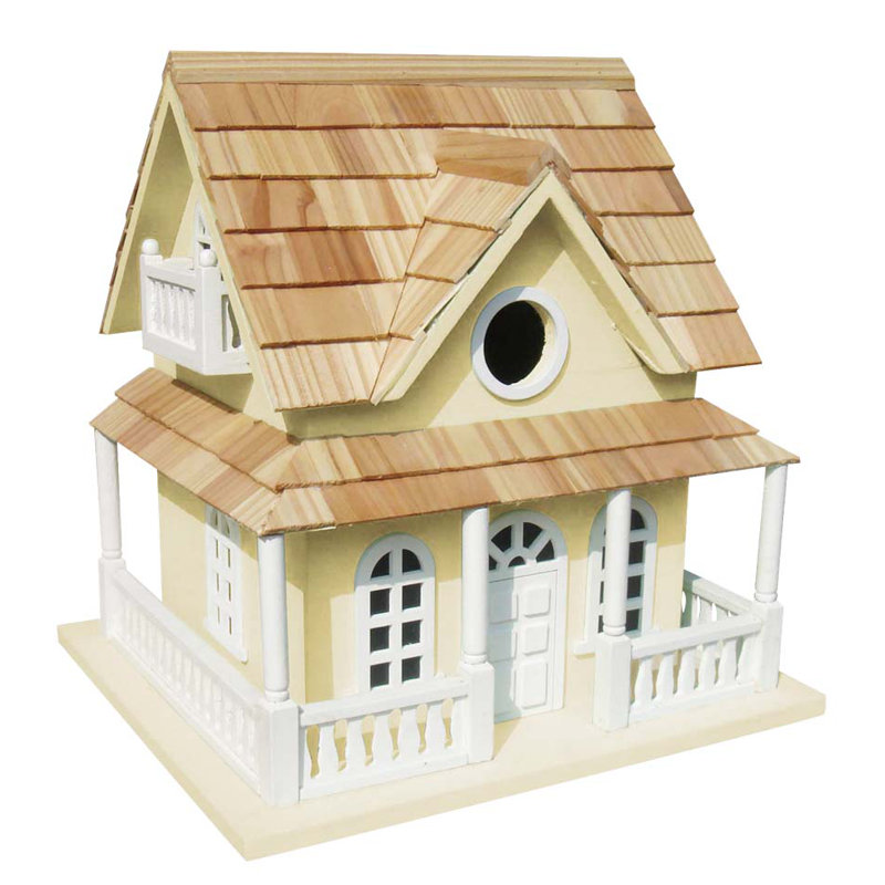 Yellow Pine Shingled Cottage Birdhouse with White Trim