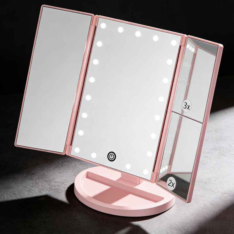 Miroir de maquillage lumineux avec grossissement 2X 3X 10X, contrôle tactile, conception à trois volets, double alimentation, 21 lumières DEL pour une application de maquillage précise