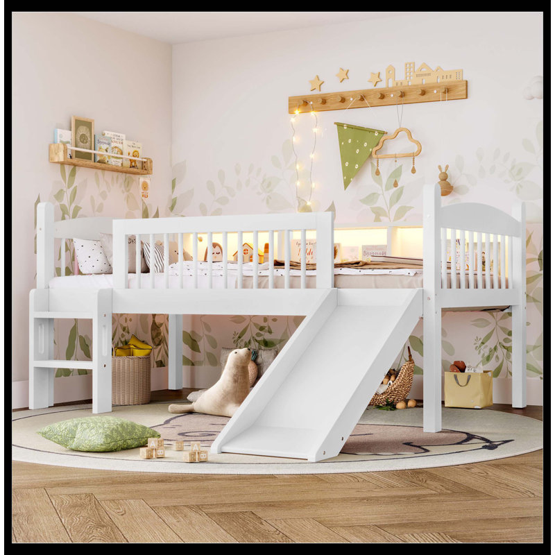 Lit mezzanine simple TG avec tablettes de rangement, lit mezzanine inférieur en bois massif avec lumières DEL et garde-corps pleine longueur, sans sommier tapissier, blanc