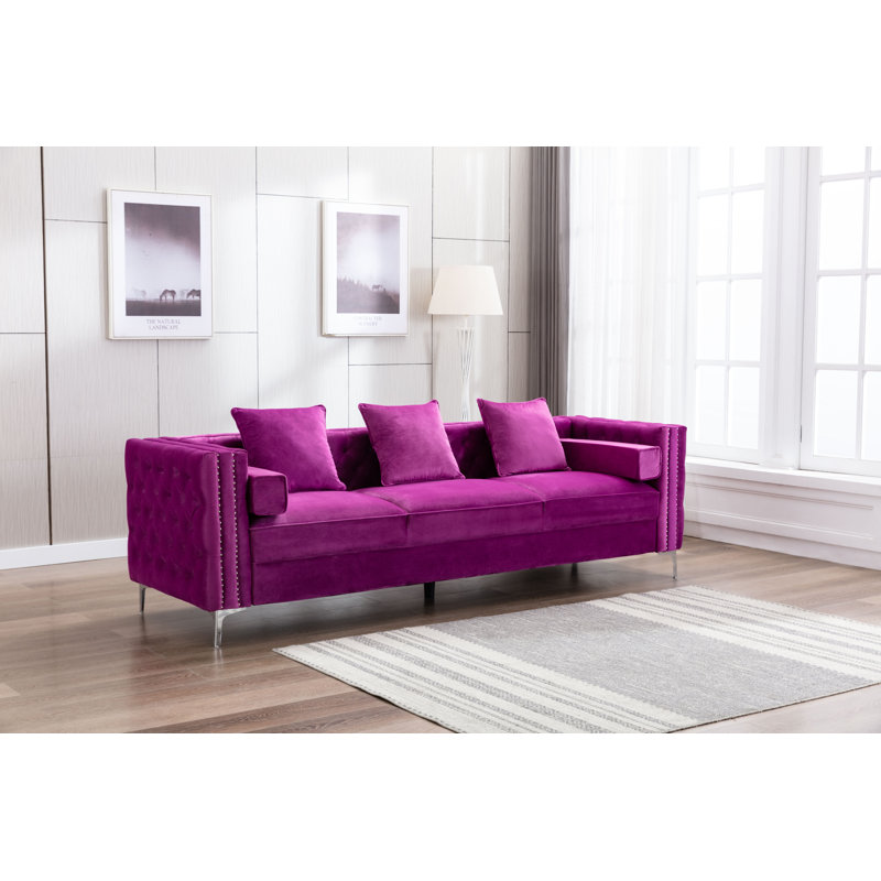 Oyler 104" Velvet Tuxedo Arm Sofa, Violet