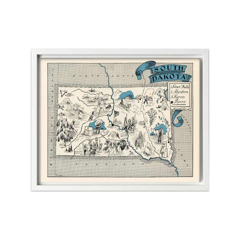 Carte illustrée de South Dakota, H 08 po x l 10 po, Canevas, Encadrement blanc