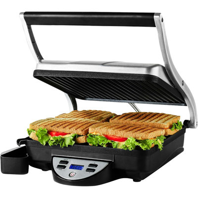 OVENTE Electric Panini Press Sandwich Maker, 1500W Indoor Grill with Nonstick Coated Plates, Digital Temperature and Timer Display, Removable Drip Tray, Perfect for 4-Slice Sandwiches, Silver GP1000BR
