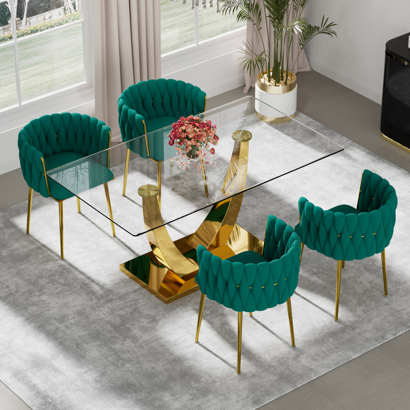 Ensemble de salle à manger rectangulaire à piédestal avec chaise tissée, Vert, Doré