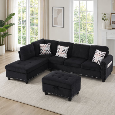 94.5" Corduroy L-Shaped Sectional Sofa with Storage Ottoman and Cup Holders
