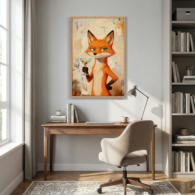 Fox Cocktail Canvas Framed Wall Art Oil Painting Print Set Of 1，32x 48 inch