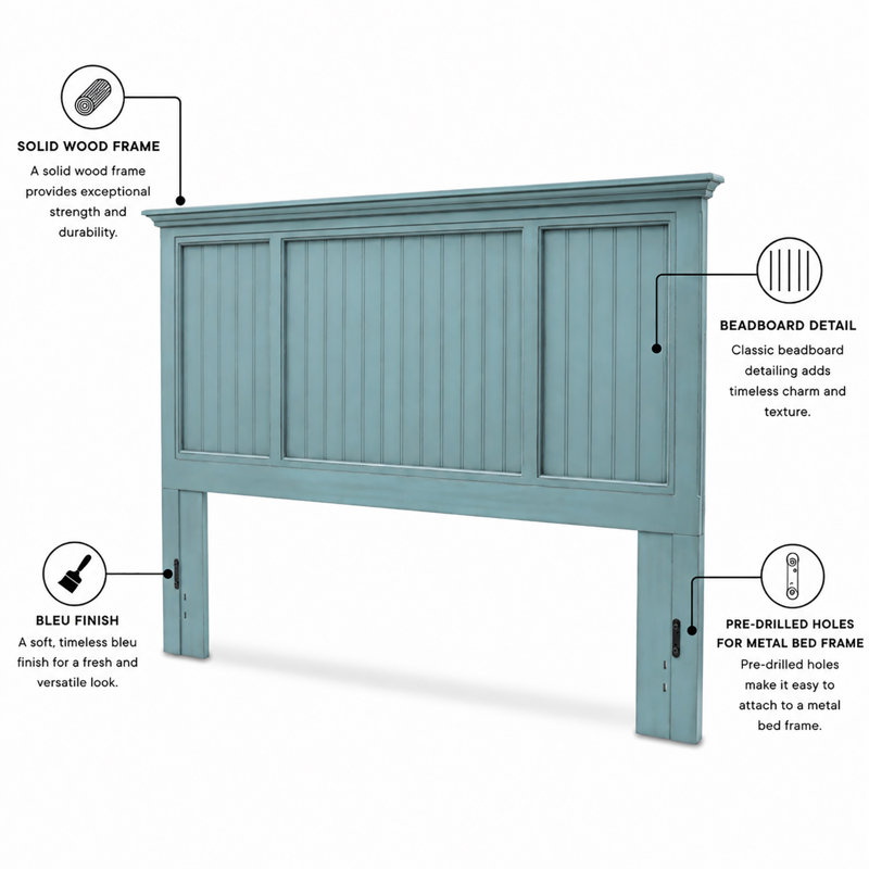 Kolya - Solid Wood Headboard - King - Bleu Finish, King, Blue