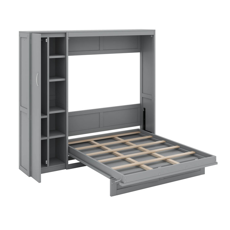 Lit escamotable double avec tablettes, garde-robe et lumières DEL, Gris
