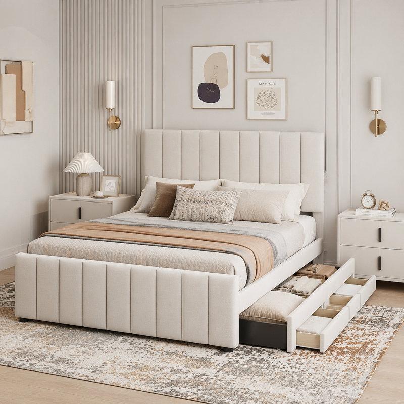 Lit plateforme tapissier double avec lit gigogne simple et 4 tiroirs, tissu en lin, Full, Beige
