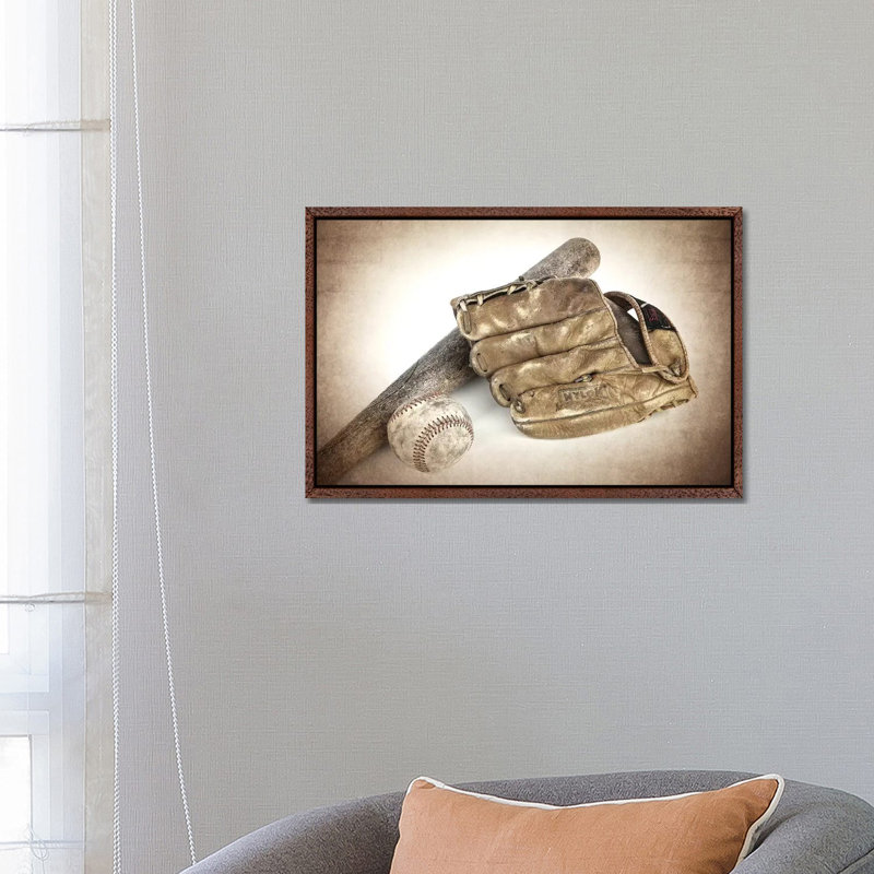 Baseball Bat Glove - Print on Canvas, 66.04 cm H x 45.72 cm W, Classic Brown Wood Framed
