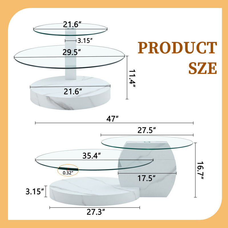 Double Clear Glass Oval Single Coffee Table, White