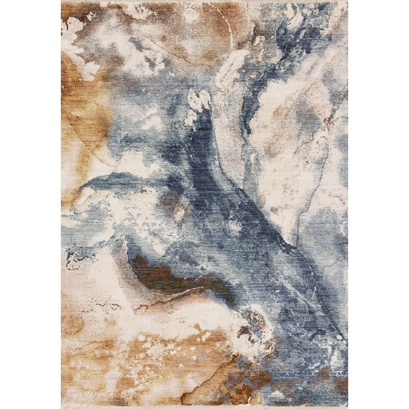 Tapis abstrait crème et cuivre 8 pi x 10 pi bleu