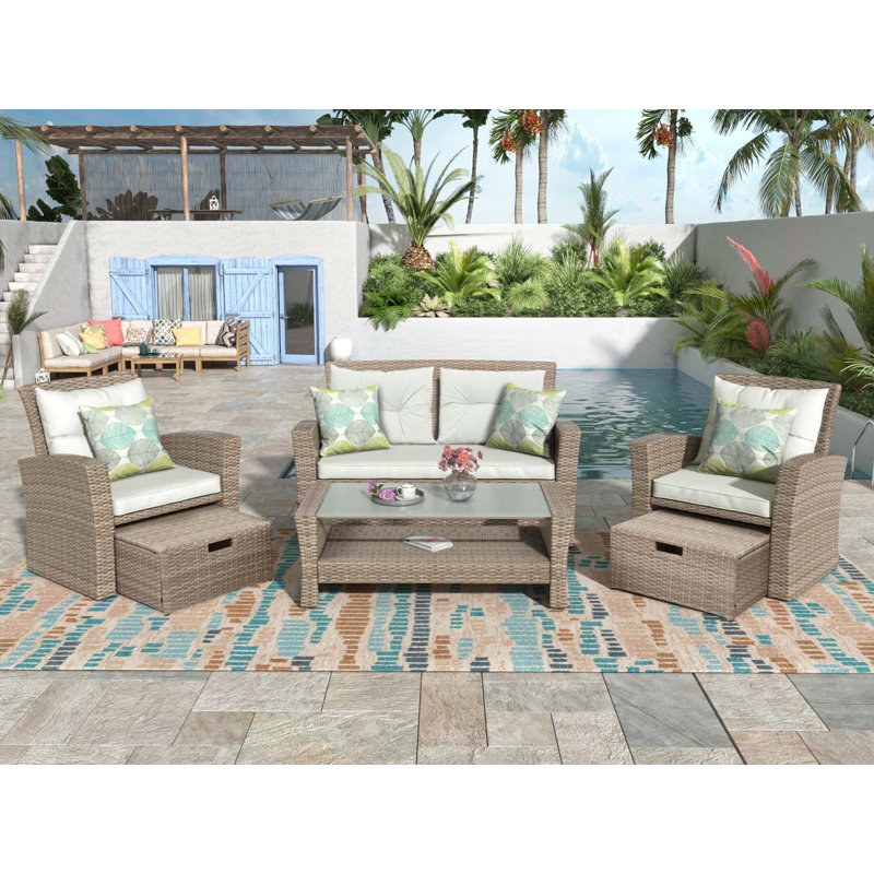 Canapé modulaire en osier avec repose-pieds et coussins 4 pièces U-style, Beige