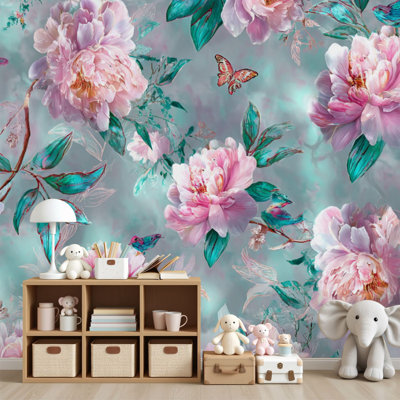 Papier peint auto-adhésif fantaisiste, pivoines, jardin, pivoines, marguerites et oiseaux