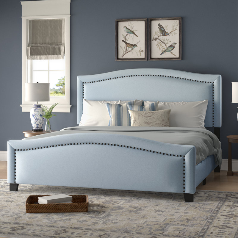Lit Amondo, revêtement en tissu, garniture cloutée, Grand, Bleu