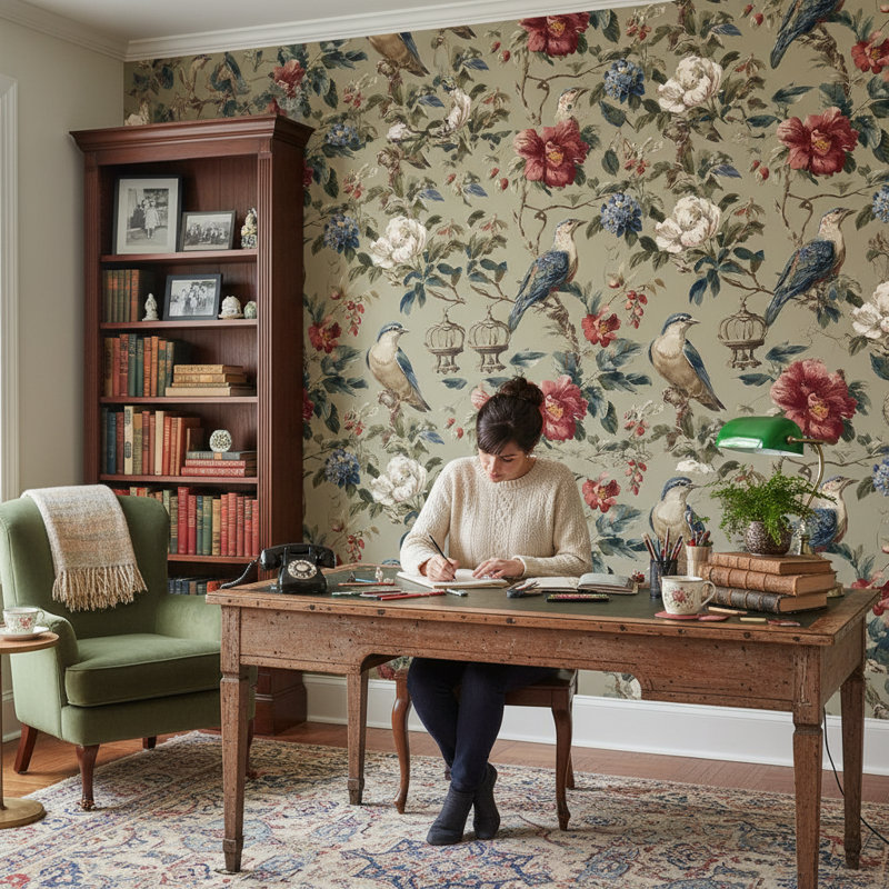 Papier peint floral rétro avec oiseaux