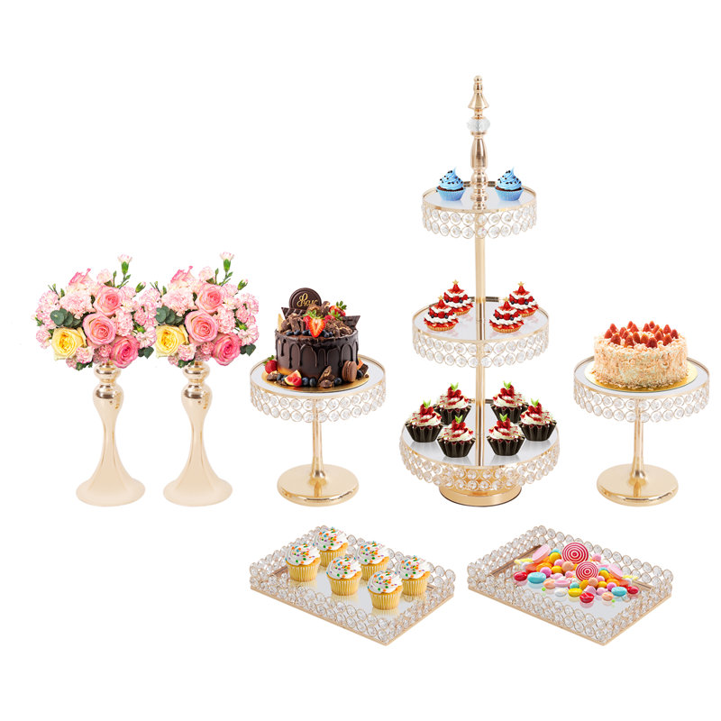 Ensemble de 7 présentoirs à gâteaux et desserts pour table, comprenant une tour à cupcakes et des plateaux, idéal pour un mariage, un anniversaire ou une fête.