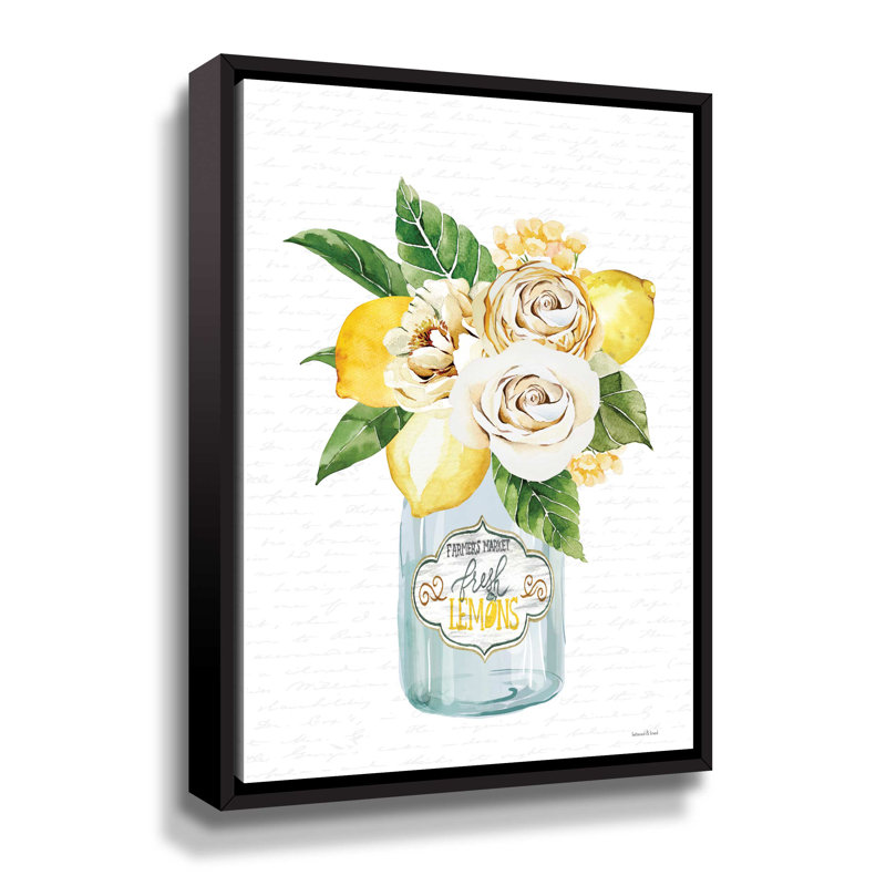 Citrons et bouquet de fleurs - Impression sur toile, Cadre noir, H 10 po x l 8 po x P 2 po