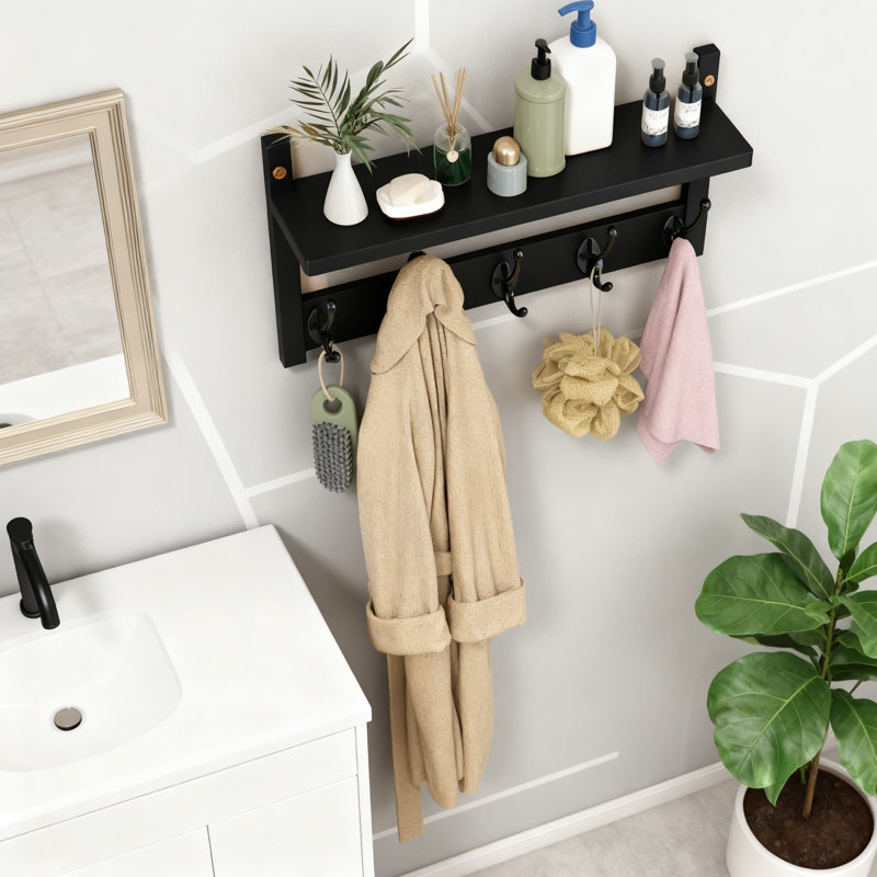 Portemanteau mural avec tablette, organisateur en bambou à 5 crochets pour le vestibule, la salle de bain, la cuisine et le salon, solution de rangement peu encombrante