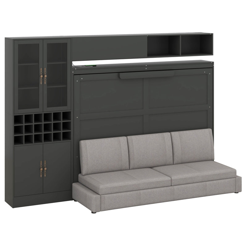 Lit escamotable avec canapé intégré et tablettes, Gris