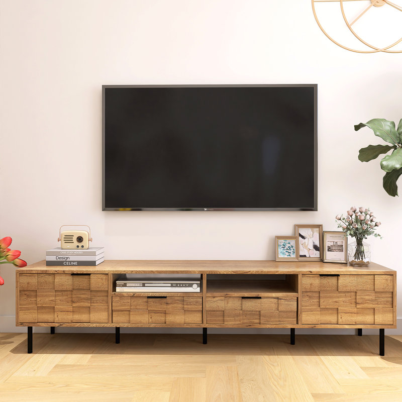 Meuble télé Mid-Century moderne de 78,7 po de largeur avec meuble télé pour téléviseur de 85 po ou moins, Naturel