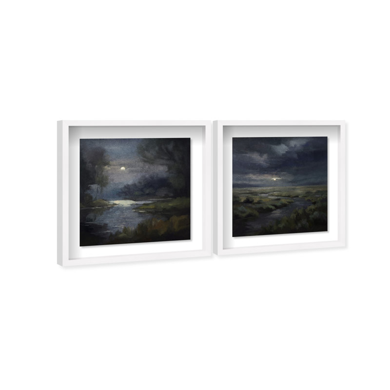 Ensemble de 2 impressions sous cadre « Lune cachée » d'Oliver Gal, représentant un paysage et la nature., White Frame