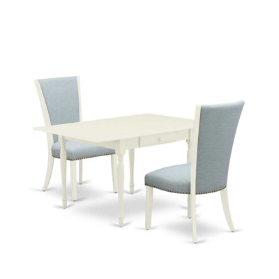 L'ensemble de table de salle à manger 3 pièces contient une table de cuisine rectangulaire avec Dropleaf et 2 chaises de salle à manger Parson bleu lin, blanc lin