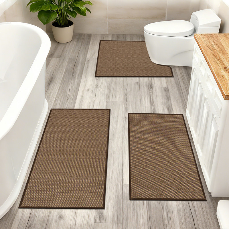 3 Piece Soft Absorbent Microfiber Bath Rug Set With Non-Slip Backing, Brown/Gold