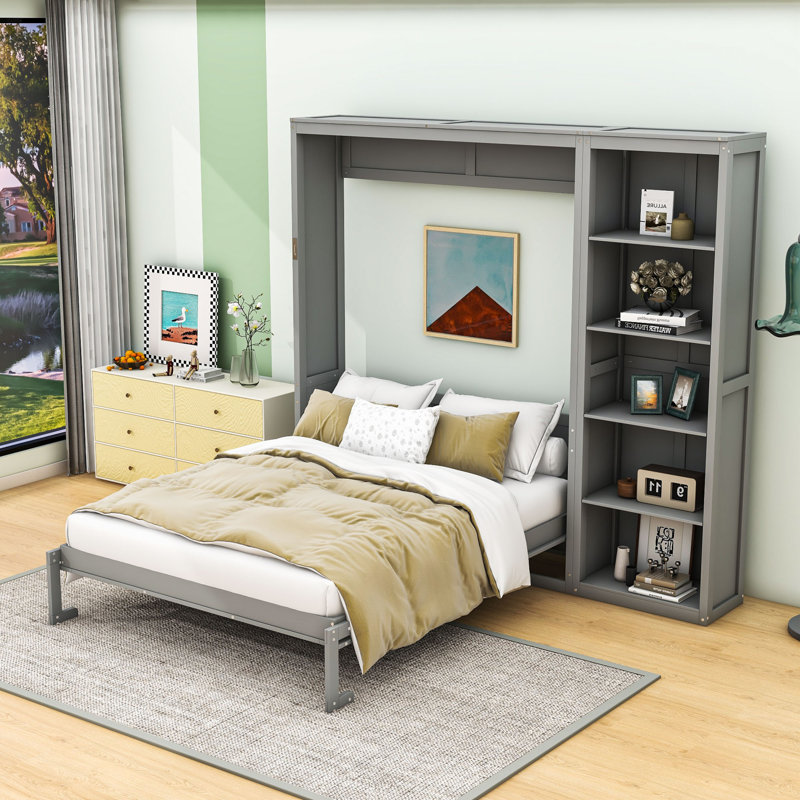 Lit escamotable en bois avec tablettes et tête de lit Goudelock, Double, gris