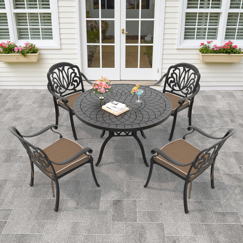 47.24 -inch Round Table Cast Aluminum Outdoor Dining Set with Brown Cushions, 4