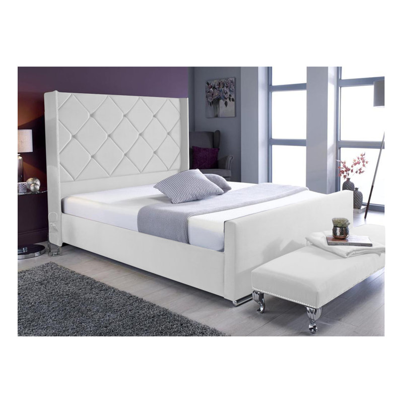 Descanso Chesterfield Velvet Upholstered Bed Frame - Buttoned Headboard, Chrome Feet, Single (3'), White