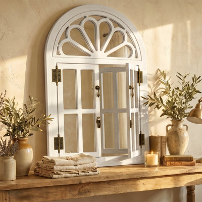 Arched Wooden Framed Wall Mirror With Opening Doors, Vintage Decorative Window Style Mirror