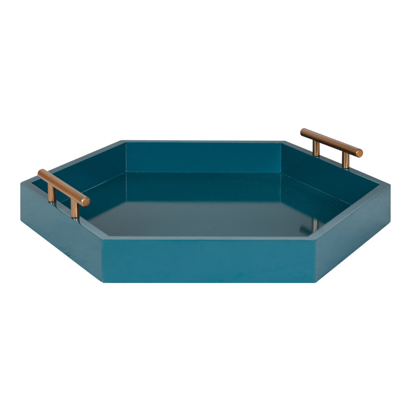 Norvan Hexagon Decorative Tray with Metal Handles, Teal/Gold