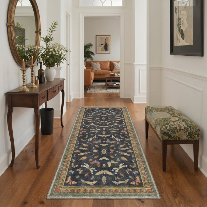Adonis Vintageon Vintage Machine Washable Black / Green Indoor Area Rug with Non-Slip Backing, Runner 2' x 7'