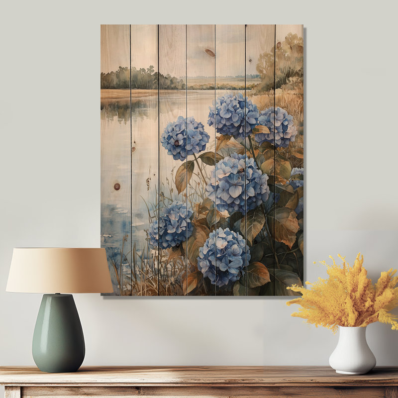 Hydrangeas By The Riverbank I - Hydrangea Wood Wall Art - On Natural Pine Wood, 20" H x 10" W x 0.78" D