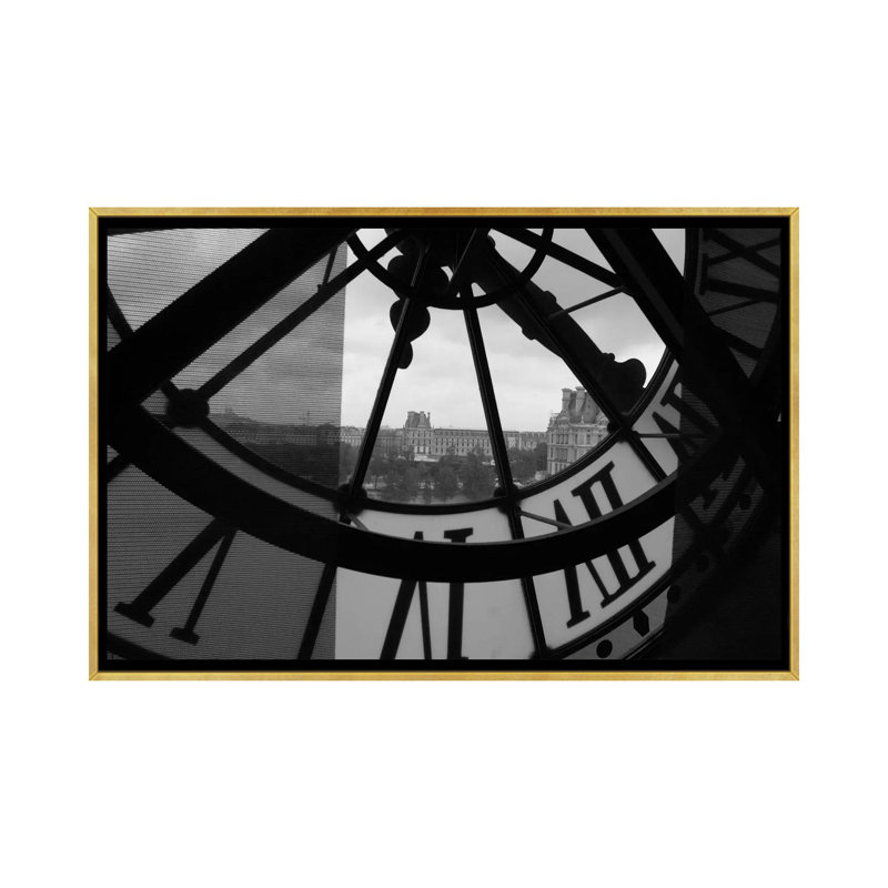 " Clock Tower In Paris ", 26" H x 40" W x 1.5" D, Gold Framed Canvas