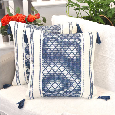 Housses de coussin tissées avec pampilles, taies d'oreiller à motif géométrique pour l'extérieur / l'intérieur (ensemble de 2)