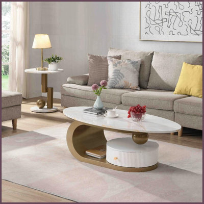 Ensemble de tables basses 2 pièces Golden Living - ovale et amp; Plateau rond en faux marbre, combinaison flexible, assemblage facile
