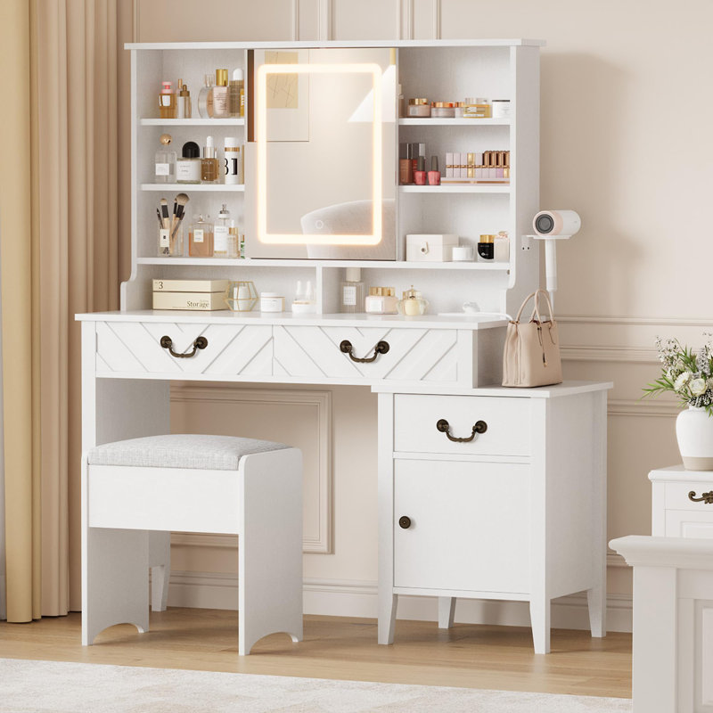 Vanity Desk with Sliding Mirror & Lights, White Makeup Table with Stool, Retractable Dressing Table with Charging Station, Hair Dryer Rack, Drawers & Storage Cabinet