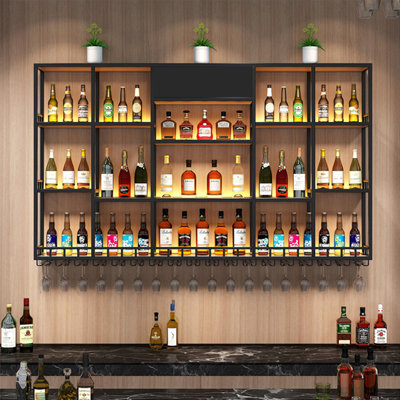 Black Multi-tier Iron Wall Mounted Wine Bottle Wine Glass Holder(Without LED light)