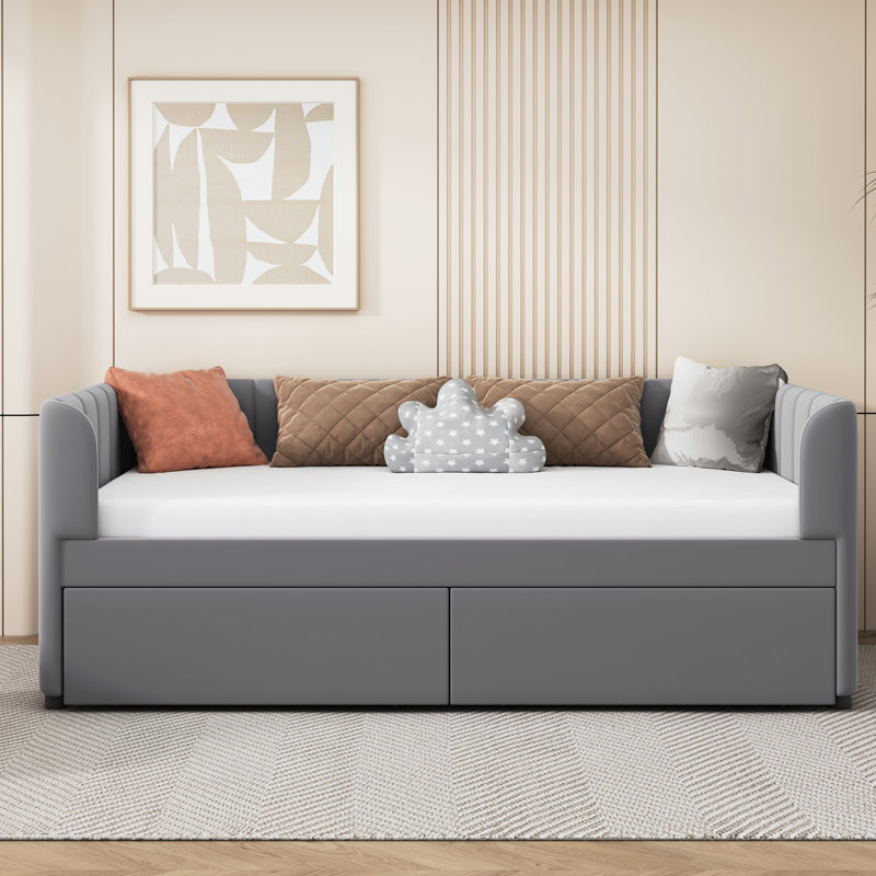 Krishana Twin Size Upholstered Daybed with Ergonomic Design Backrest and 2 Drawers, Gray
