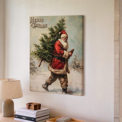 Reproduction d'art sur toile, "Un joyeux père Noël vêtu d'un art mural classique rouge avec une garniture de fourrure blanche"