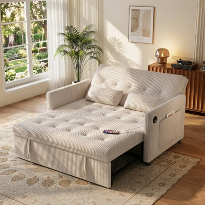 Canapé-lit convertible 53 po en velours côtelé avec lit coulissant, USB et rangement, beige