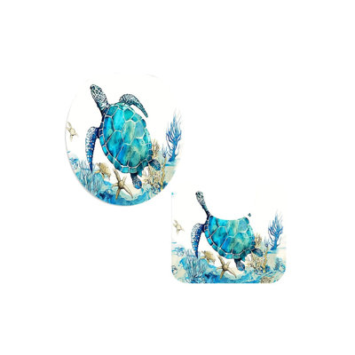 Blue Watercolor Turtle Pattern Set of 2 Bath Shower Rug Set