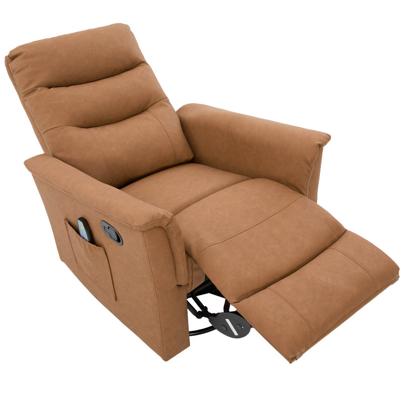 Fauteuil inclinable en cuir synthétique Liora avec massage à 8 points, base berçante et pivotante, dossier réglable, Brun