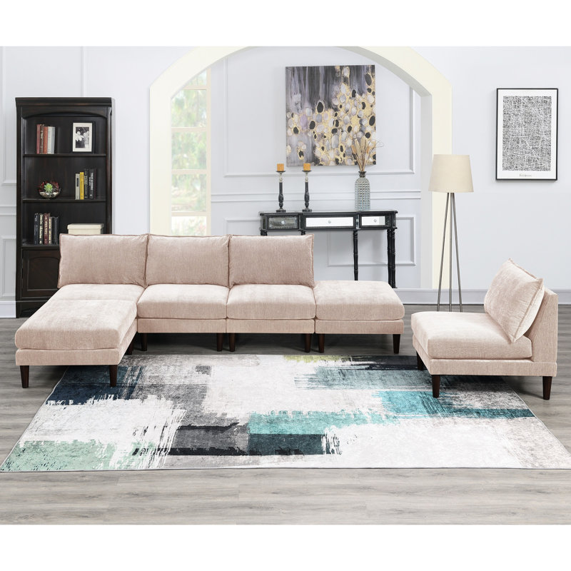 Ensemble de meubles modulaires modernes 6 pièces rose poudré comprenant 4 fauteuils sans accoudoirs et 2 poufs pour salon, canapé et…
