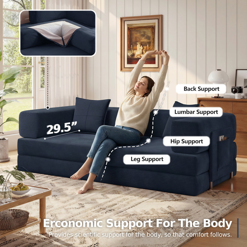 78.8''Sleeper Couch Bed for Livingroom,Convertible Modular Sofa with Armrest Pillow,Modular Foldable Corduroy Couches in a Box,No Assembly