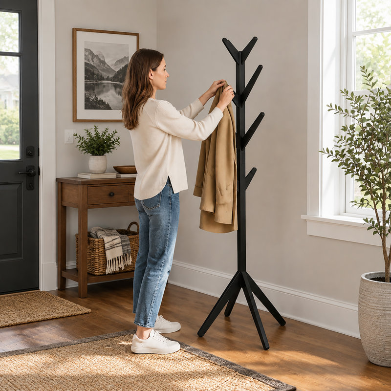 Porte-manteau sur pied en forme d'arbre, 8 crochets, noir, idéal pour ranger les manteaux dans une entrée., Black