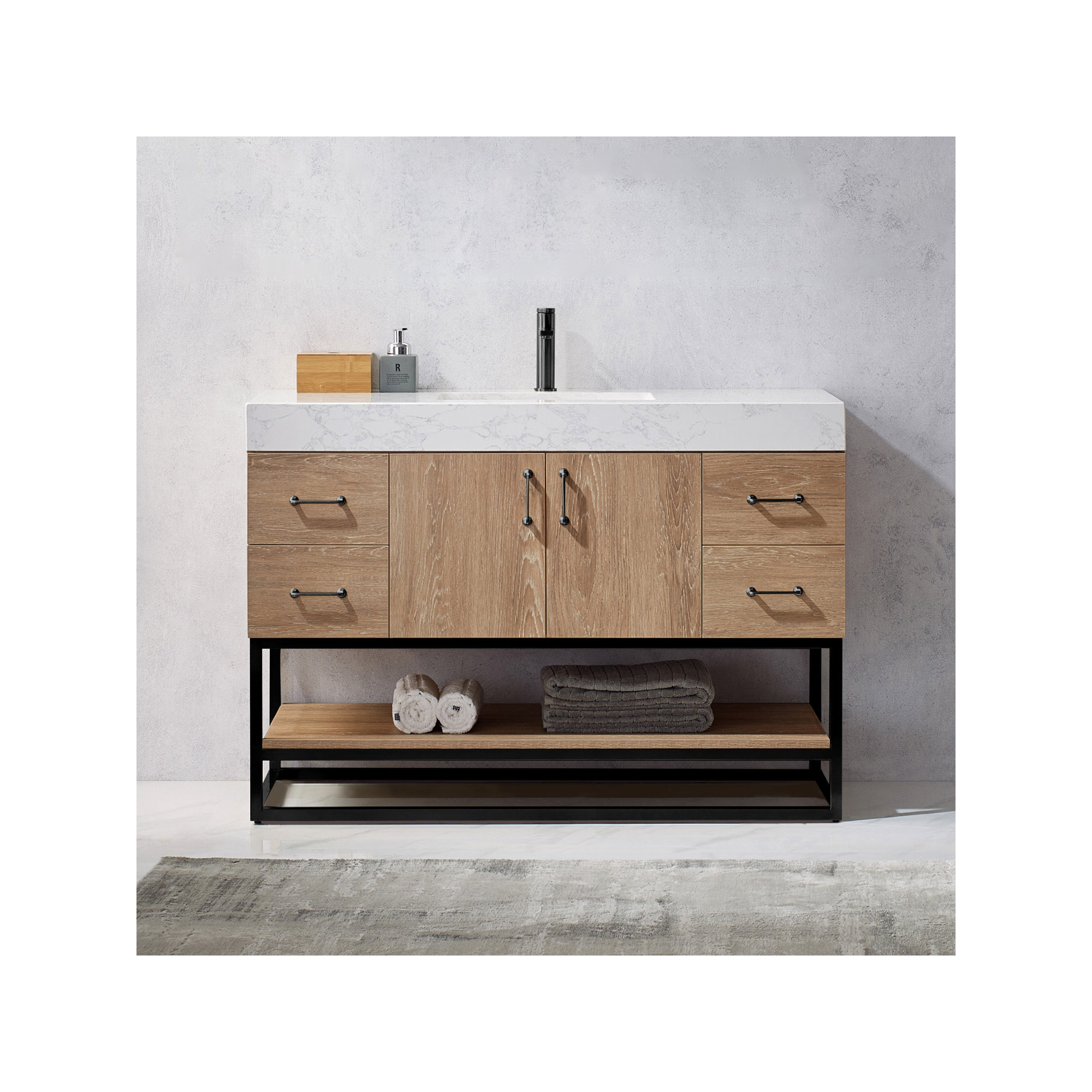 Alistair 48'' Single Bathroom Vanity, White, Matte Black, Natural Oak